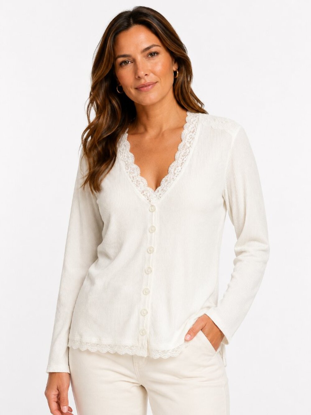 Forever 21 Cream Lace Trim Ribbed Thermal Top Long Sleeve 0X